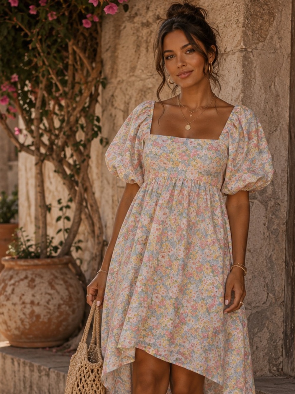 Floral Puff-Sleeve Midi Dress - Pastel Multicolor